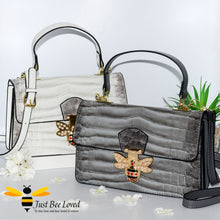 Load image into Gallery viewer, Faux patent pu leather white grey handbags with large gold bee clasp