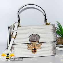 Load image into Gallery viewer, White Faux patent pu leather handbag with large gold bee clasp