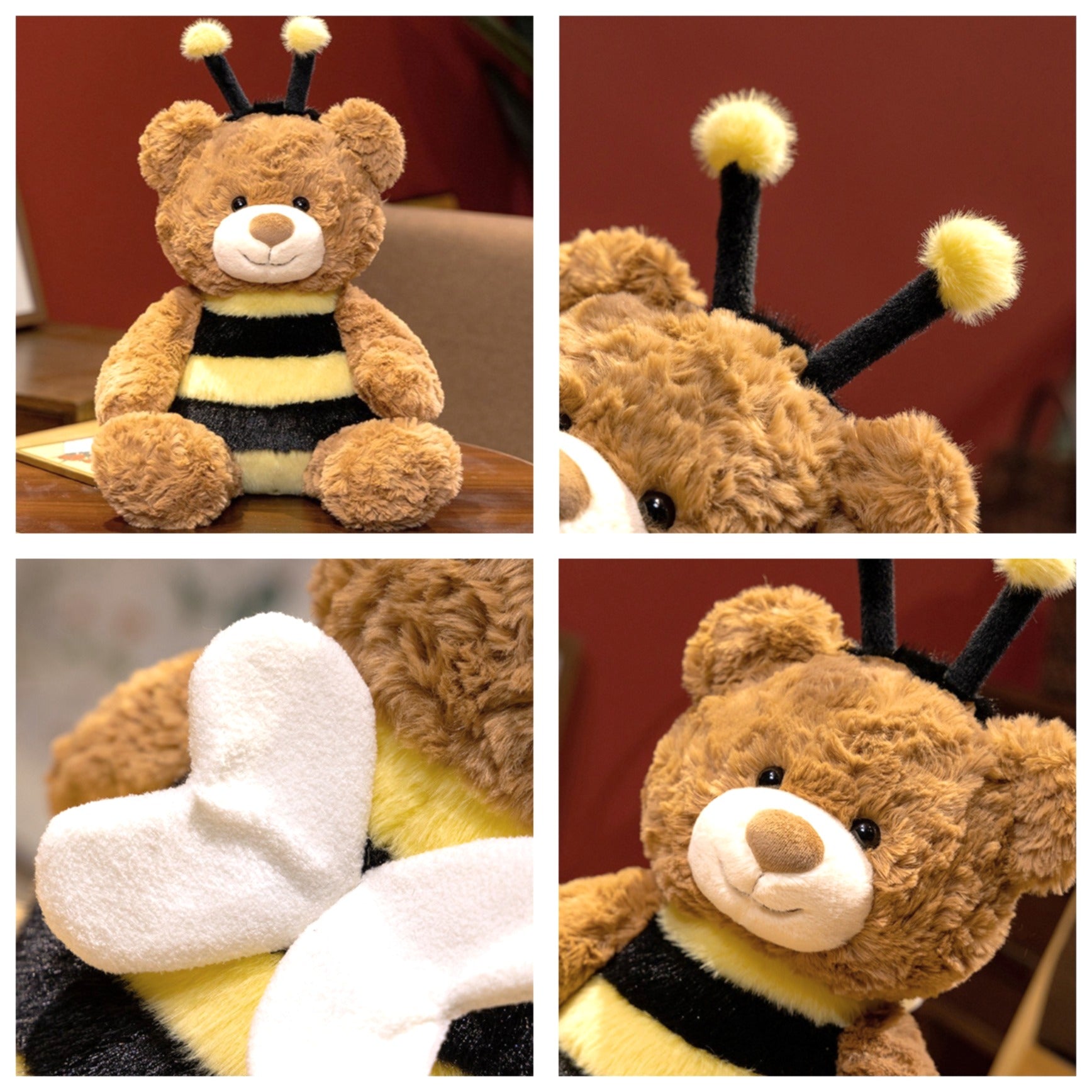 Collage of a plush teddy bear bee.