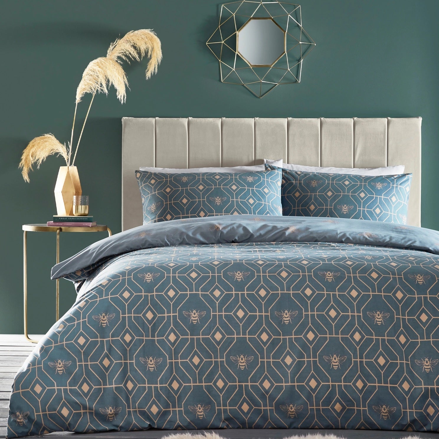 French blue geometric honey bee duvet cover set.
