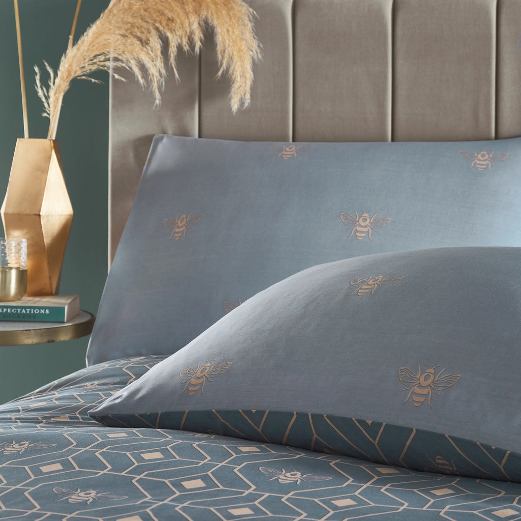 French blue geometric honey bee duvet cover set.