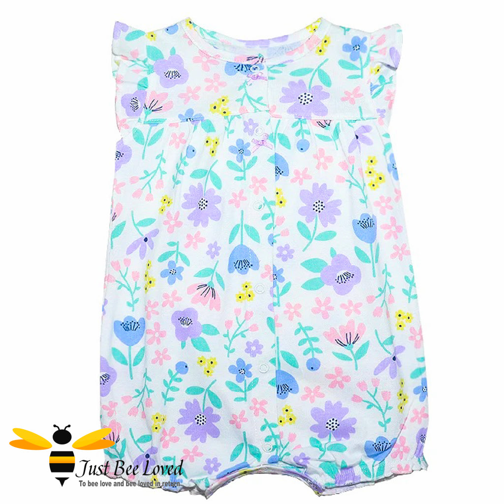 short sleeve baby romper with colourful floral print.