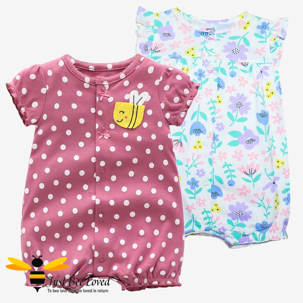 Two shortie romper outfits for babies, one with mauve and white polka dots and a bumble bee applique, and another with an all-over colorful floral print on white. 