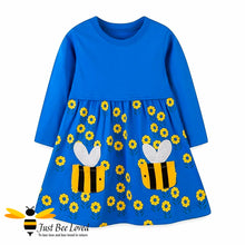 Load image into Gallery viewer, Girl&#39;s royal blue colour cotton dress with bee pockets yellow daisies detailing