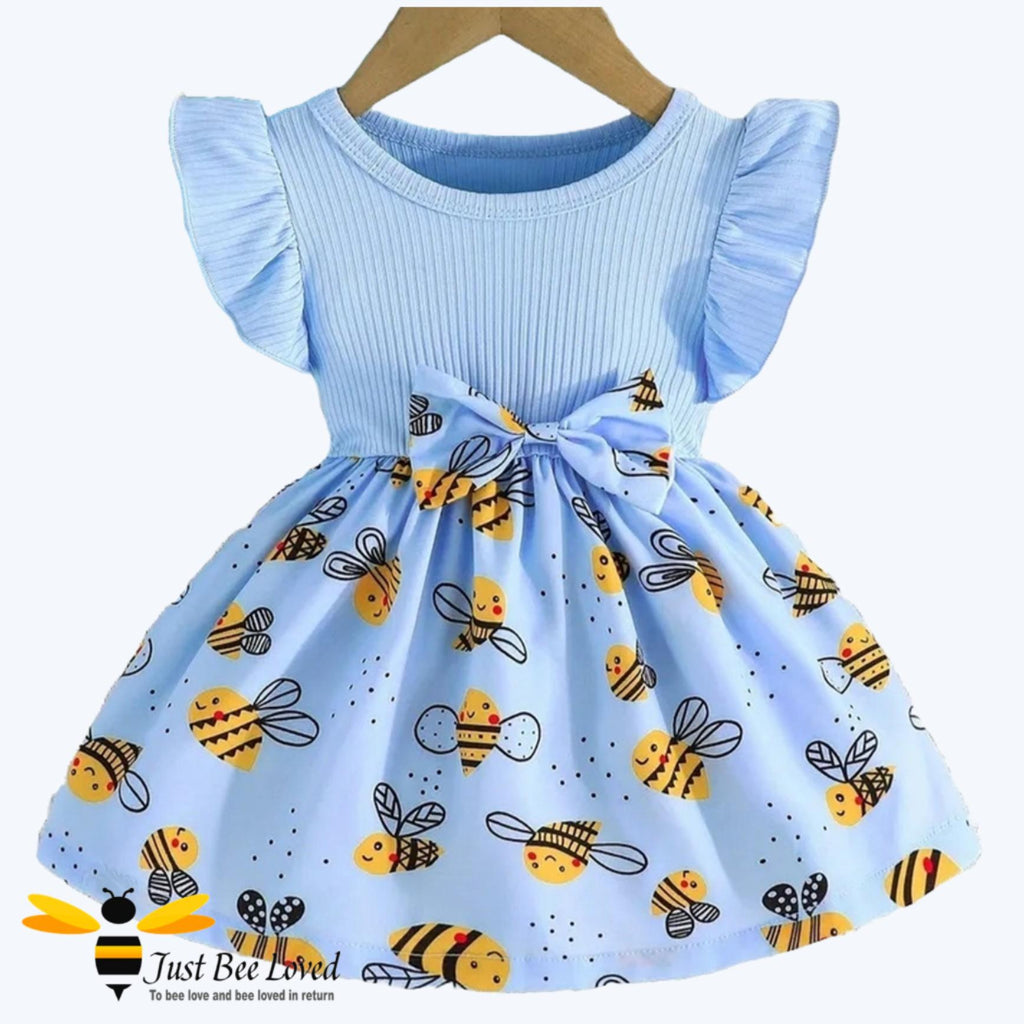 Girl's blue short frill sleeve smock bee dress