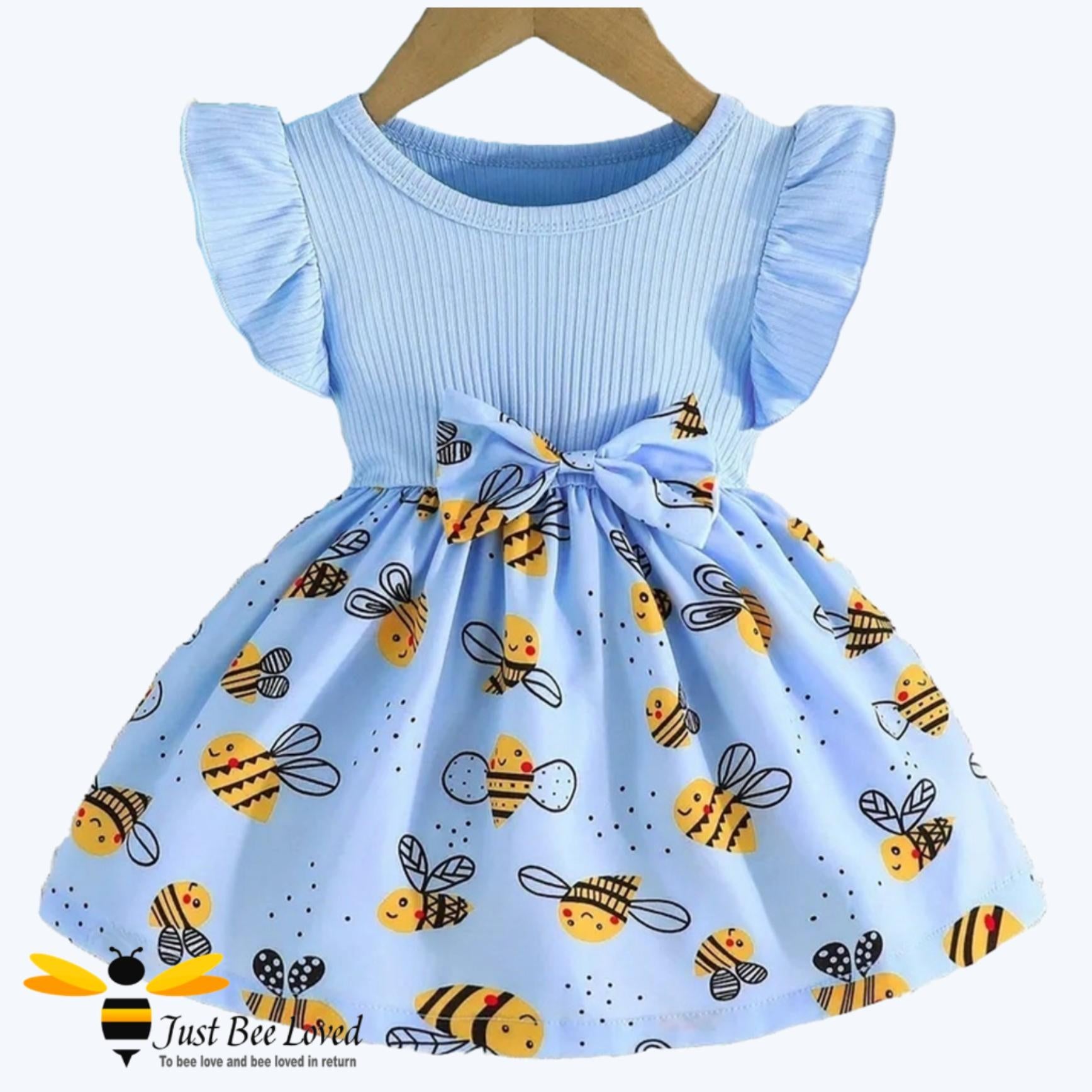 Girl's blue short frill sleeve smock bee dress