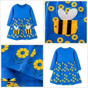 Girl's royal blue colour cotton dress with bee pockets yellow daisies detailing