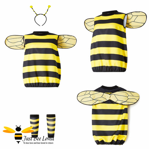 Tunic fancy dress bumble bee costume with wings, leggings, antennae head-dress.