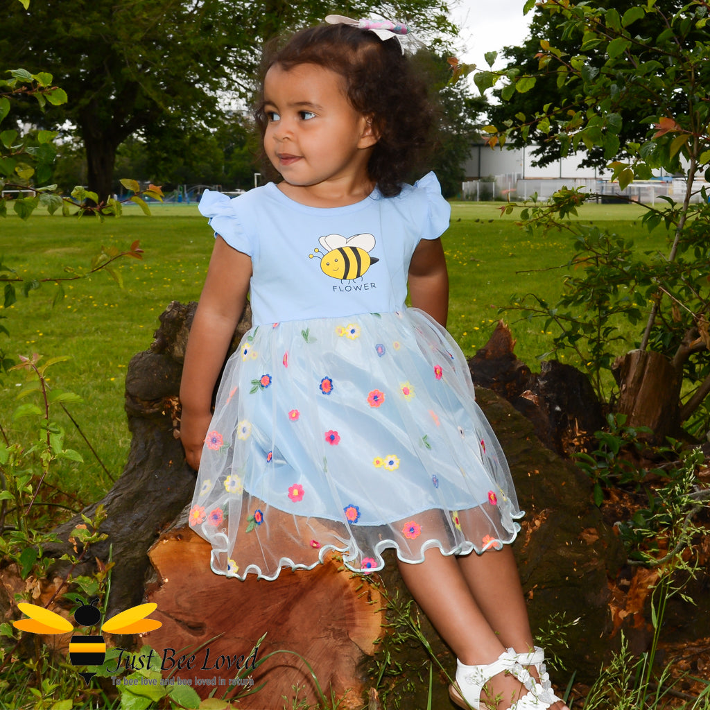 Girl's blue cotton lace bee dress