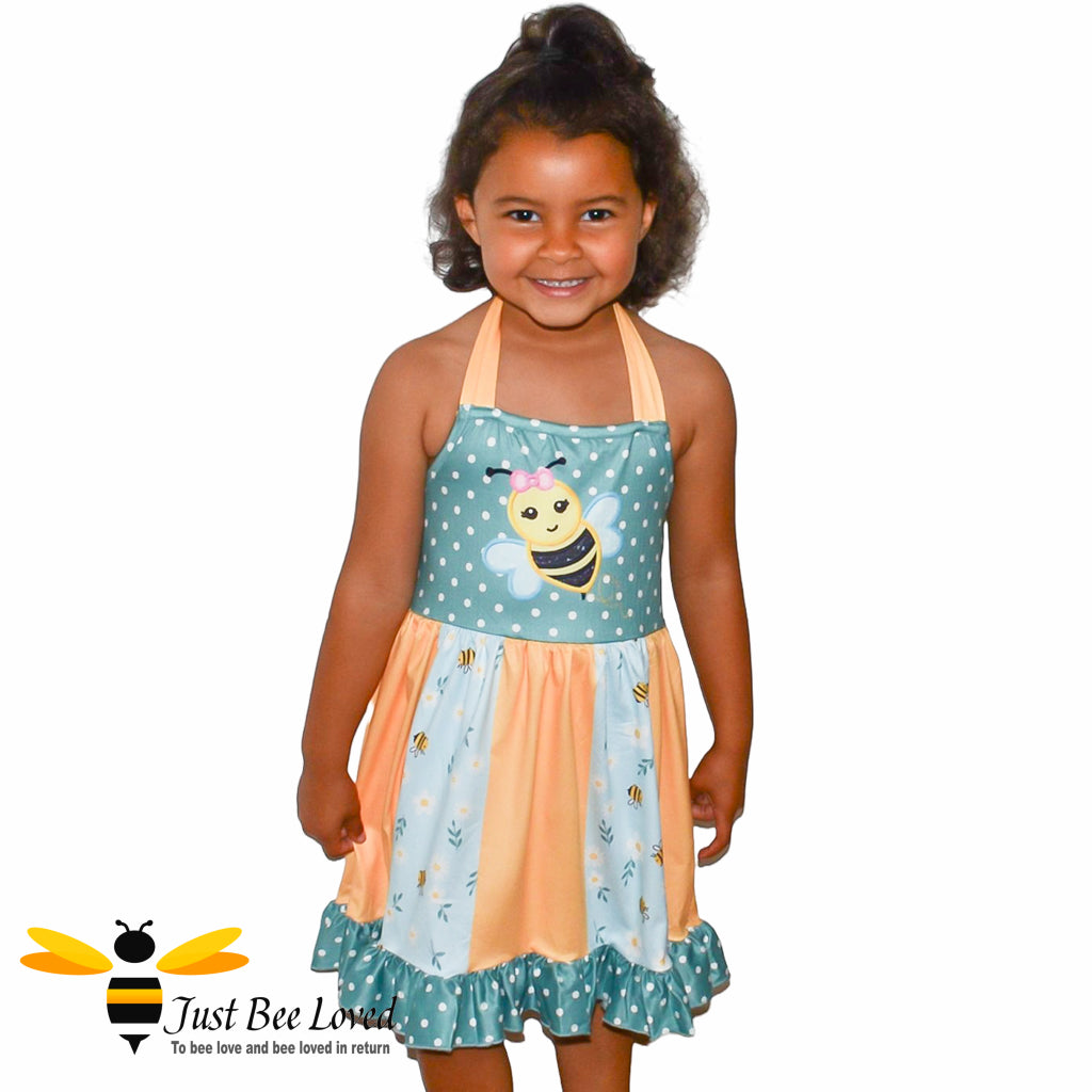 Girl's bumble bee orange and green summer halter neck dress 