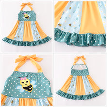 Load image into Gallery viewer, Girl&#39;s halter neck smock dress in orange and green with bumble bees print