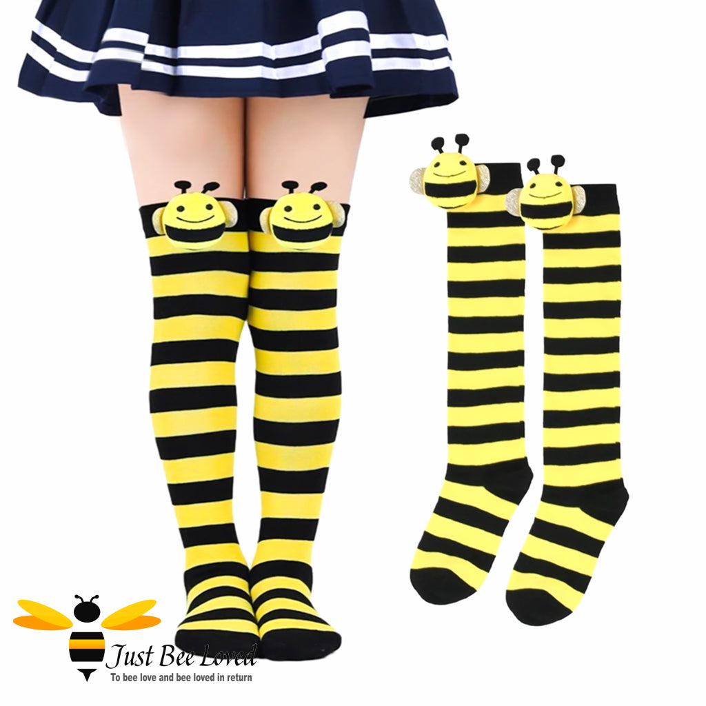 Girl's knee high black yellow stripe costume bee socks