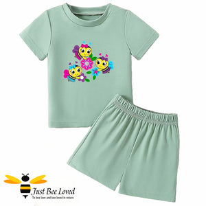 Girls green pastel bee t-shirt shorts set