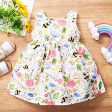 Load image into Gallery viewer, Girl&#39;s white summer smock dress with all over print of bees and flowers.