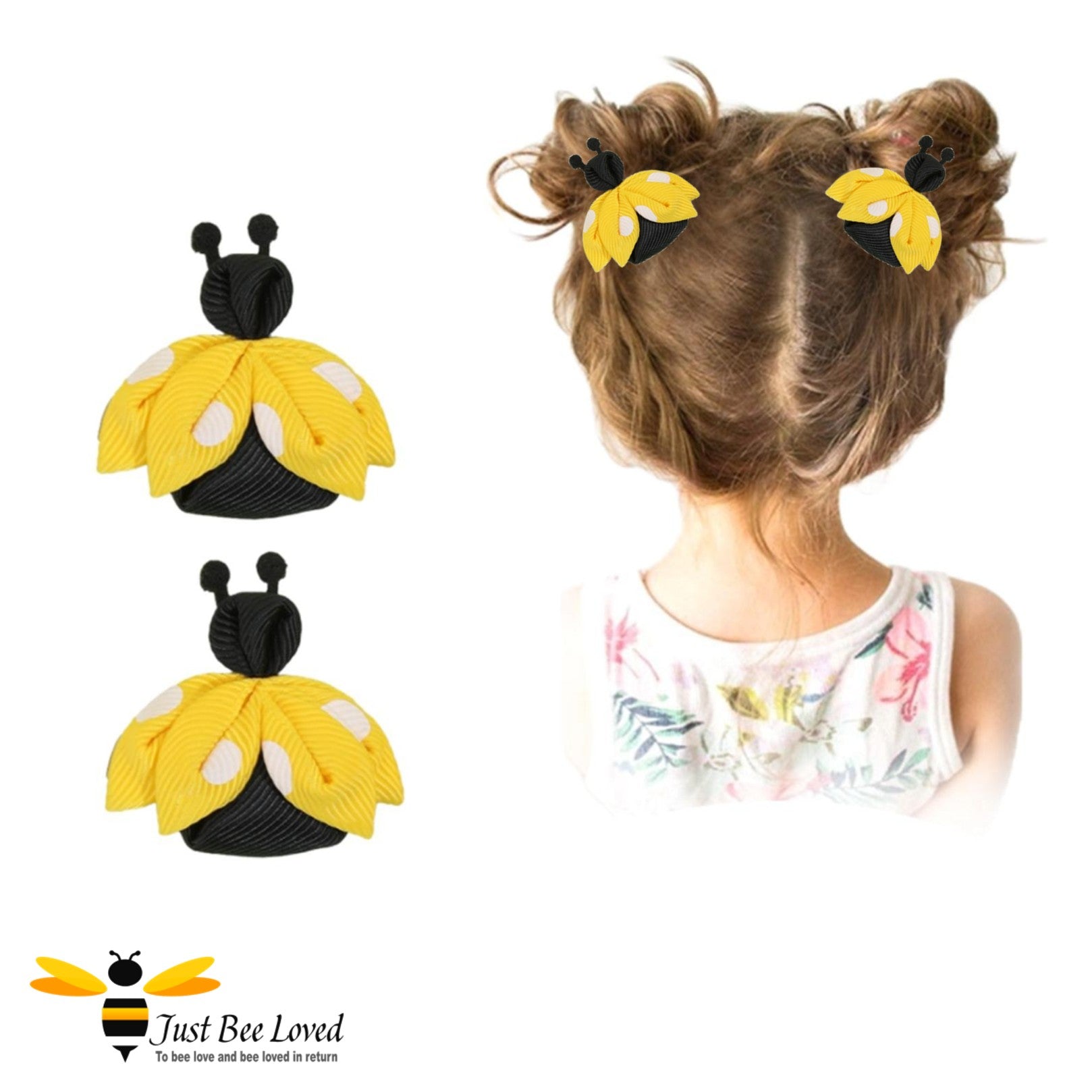 Girl wearing a pair of bee shaped yellow with white polka dot hair clips