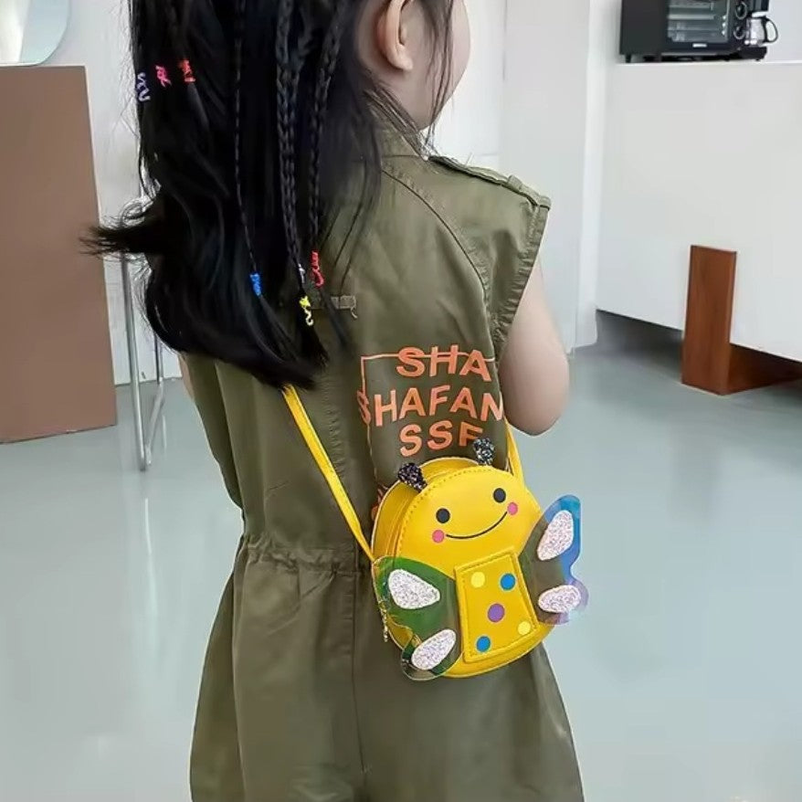Girl's yellow colourful pu leather bee crossbody shoulder bag.