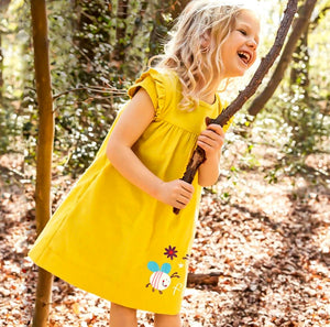 Girls Yellow Summer Smock dress with bumblebees and flowers in yellow
