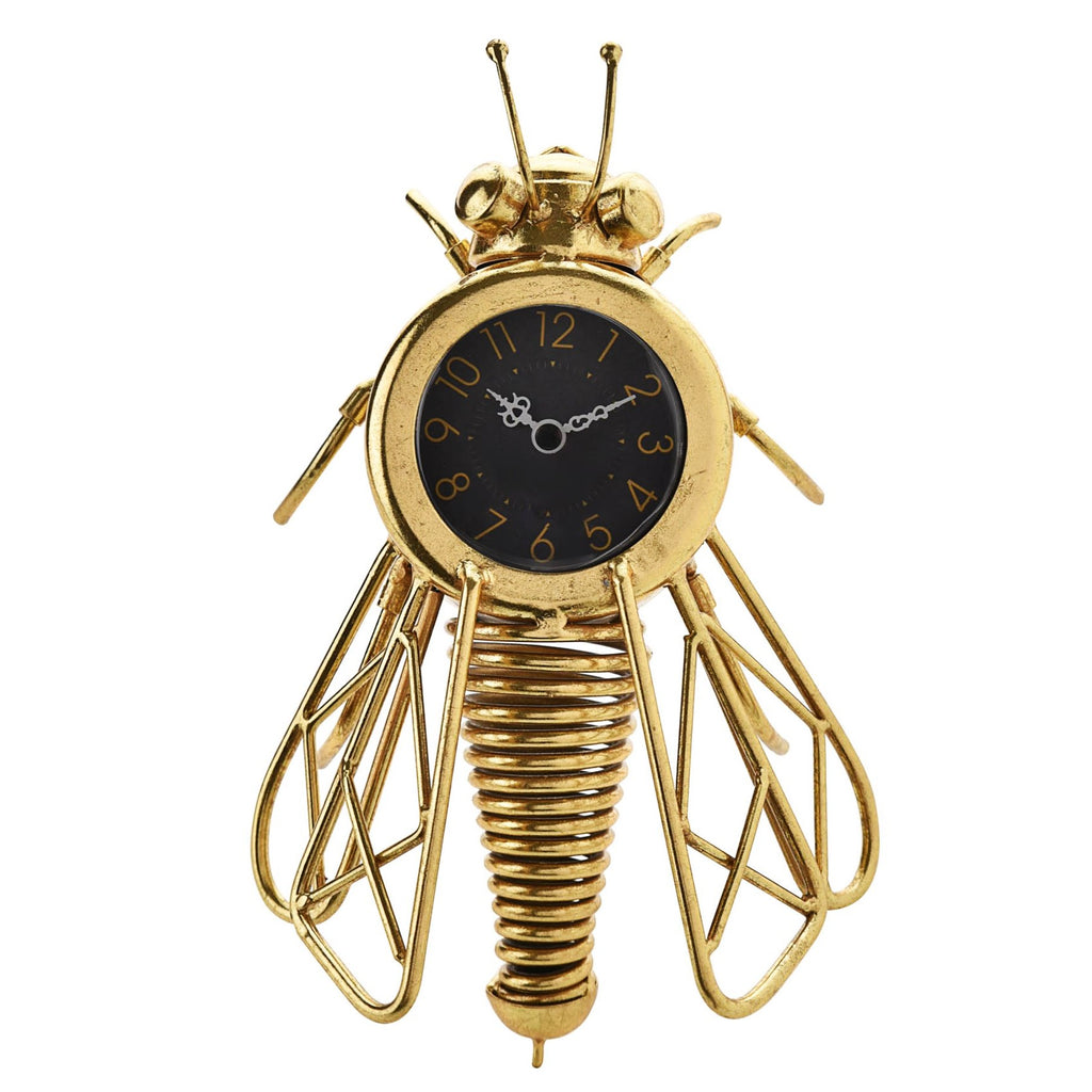 Antique gold effect metal wall clock designed in the shape of a honey bee.