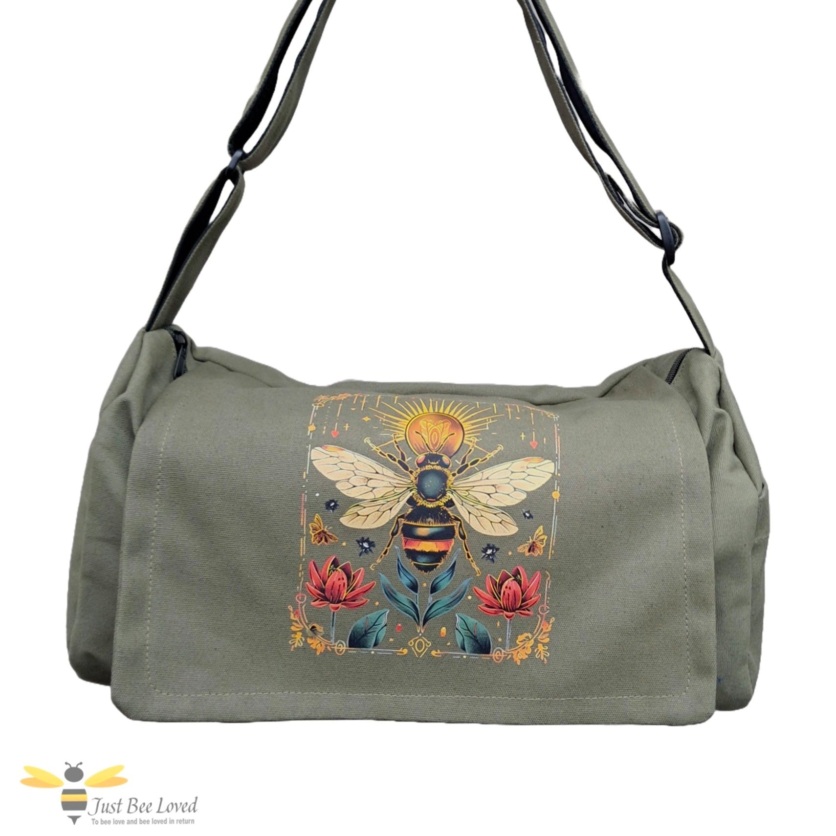 Khaki green canvas shoulder bag featuring a frontal bee, sun and floral design print.