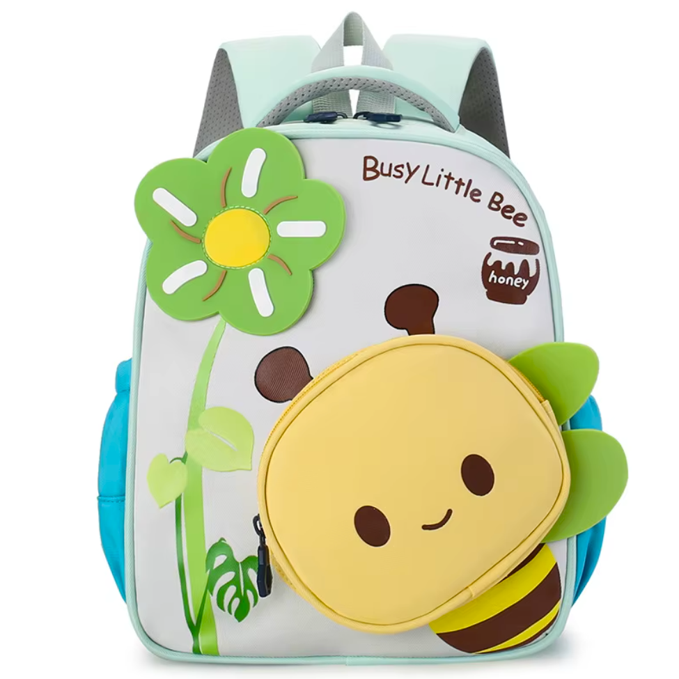 A children's backpack in green colour with a playful bee character and 'Busy Little Bee' text.