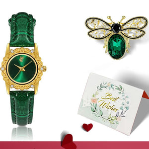 Green leather gold watch matching bee brooch gift set