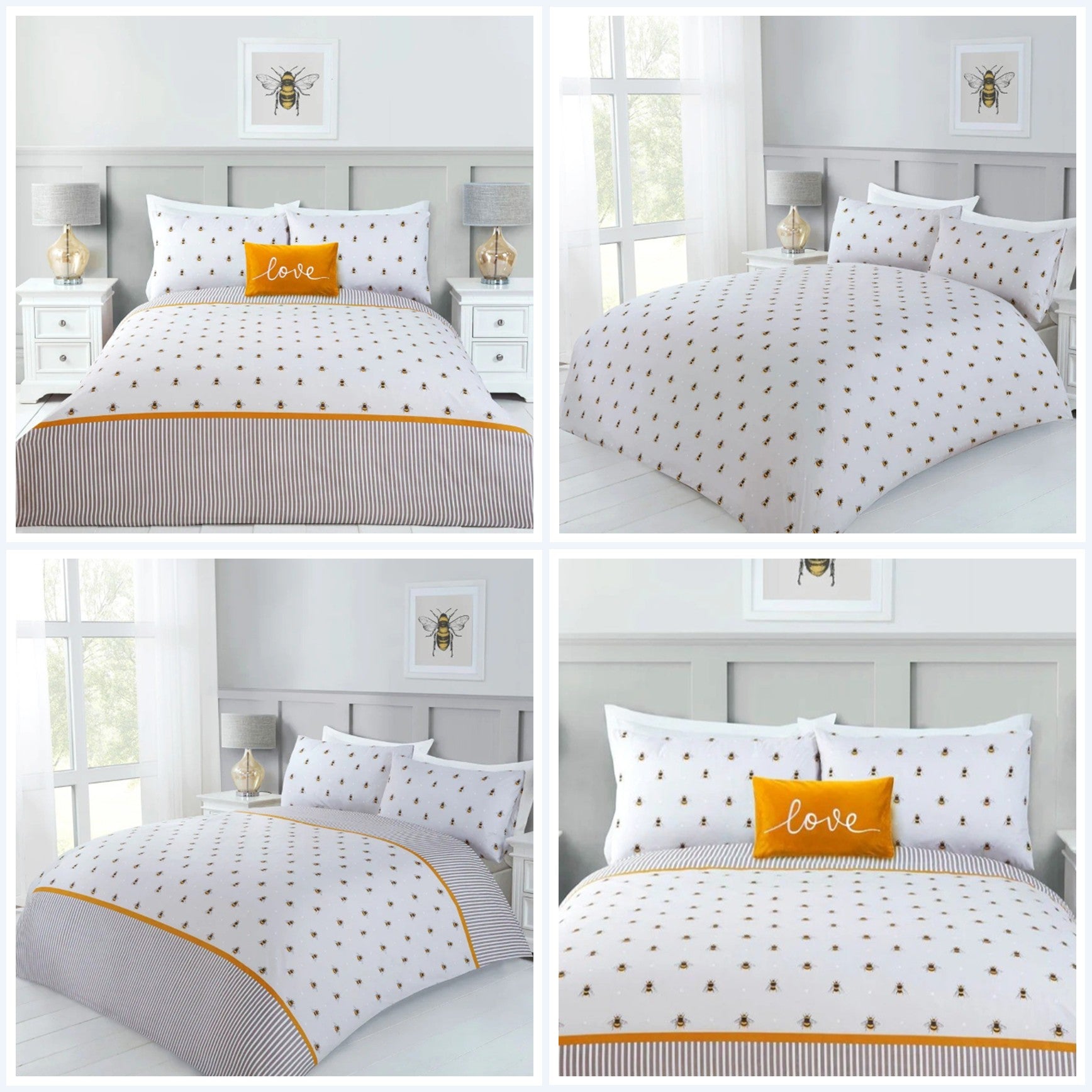 Collage of a pastel grey bee pattern duvet cover set with orange stripes.