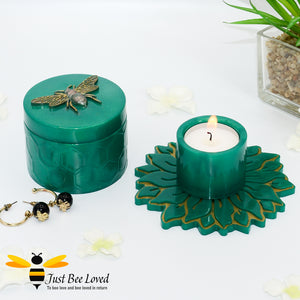 Handmade honeycomb Bee trinket jewellery box with matching sunflower coaster tealight holder set in green colour