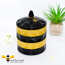Load image into Gallery viewer, handmade resin honeycomb stackable jewellery trinket box with cover in black and yellow with gold bee
