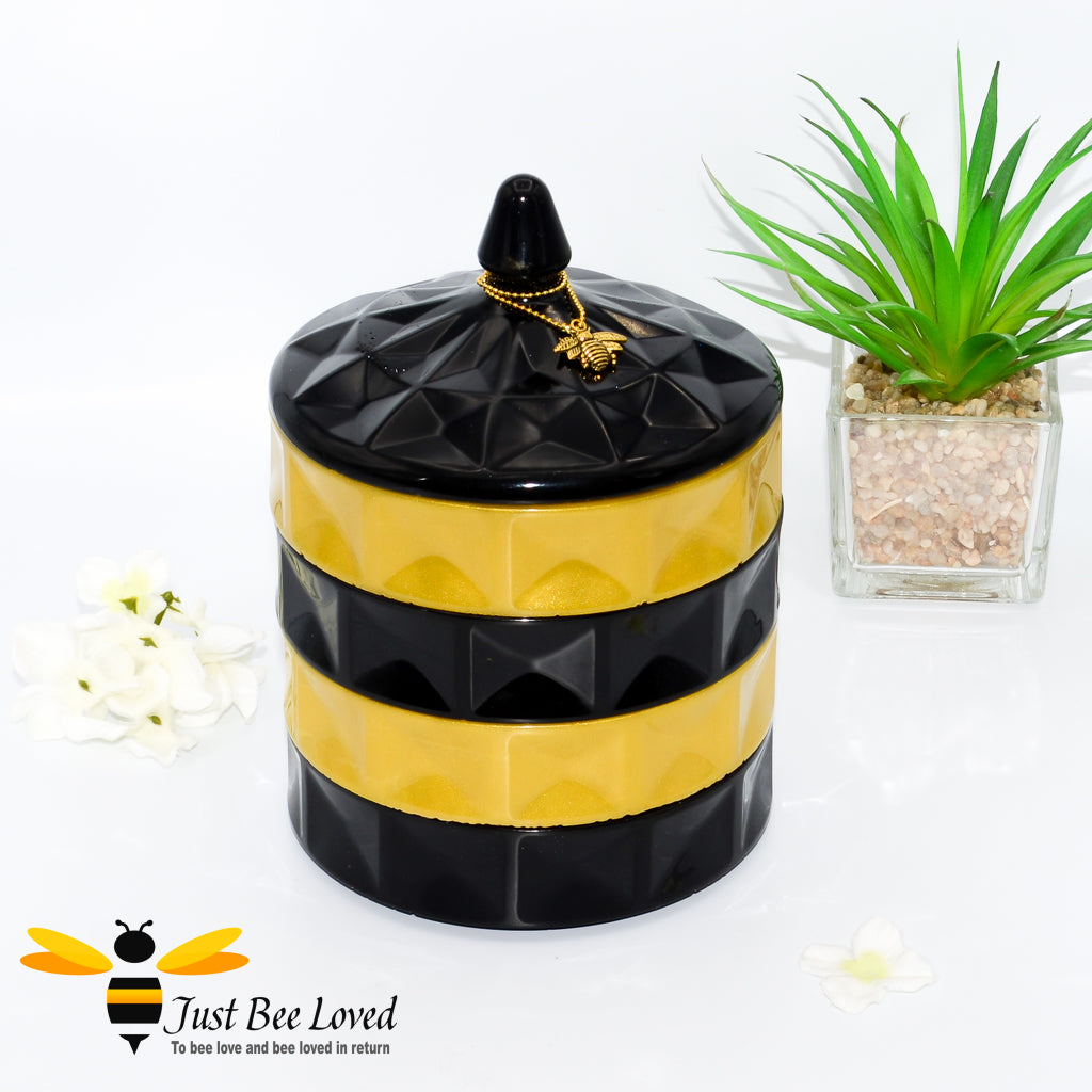 handmade resin honeycomb stackable jewellery trinket box with cover in black and yellow with gold bee