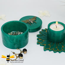 Load image into Gallery viewer, Handmade honeycomb Bee trinket jewellery box with matching sunflower coaster tealight holder set in green colour