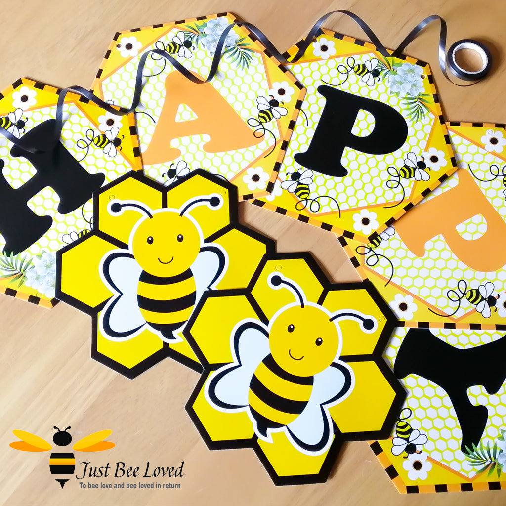Colourful bee themed happy birthday hexagonal shaped bunting flags banners.