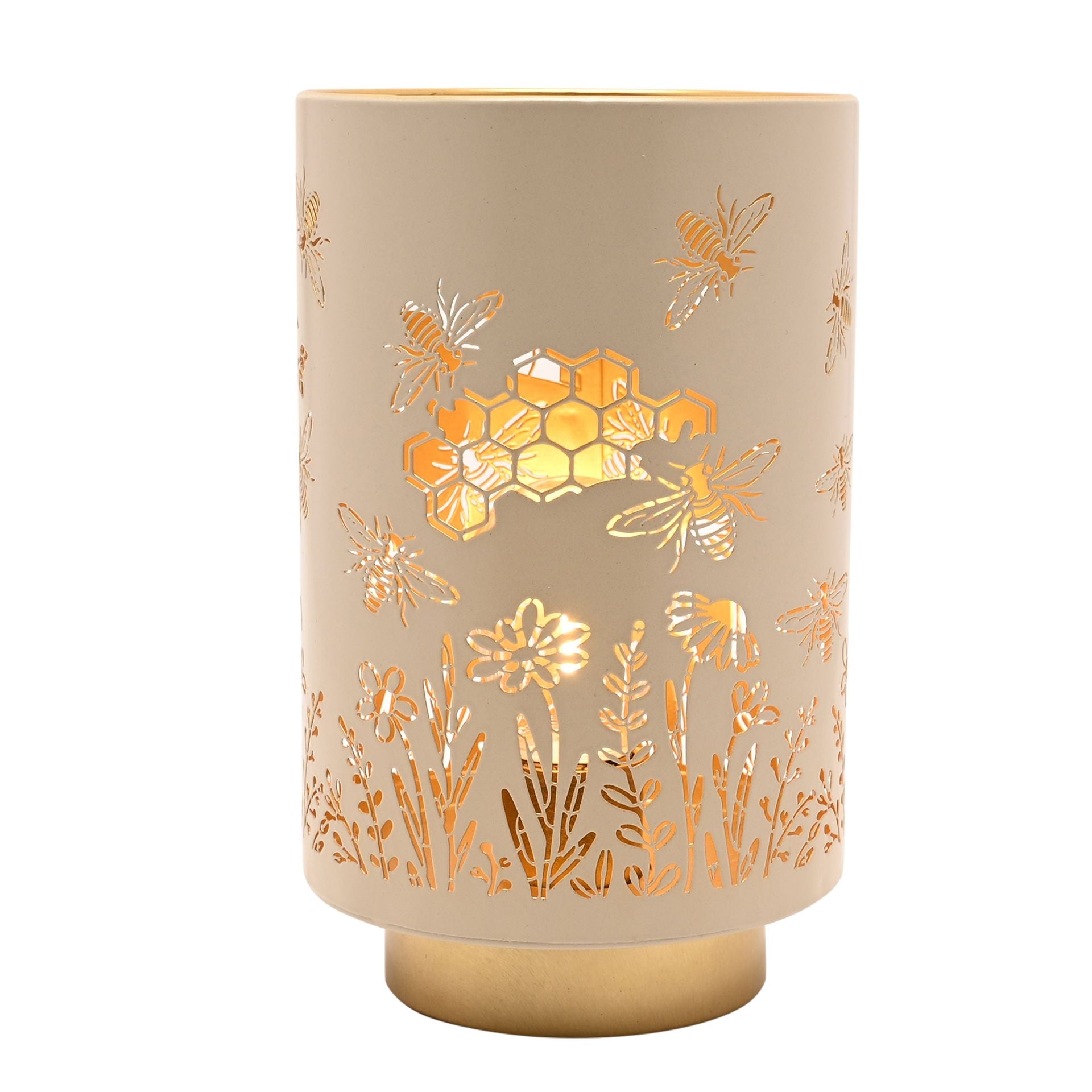 Decorative table lamp with bee and honeycomb design on a gold background