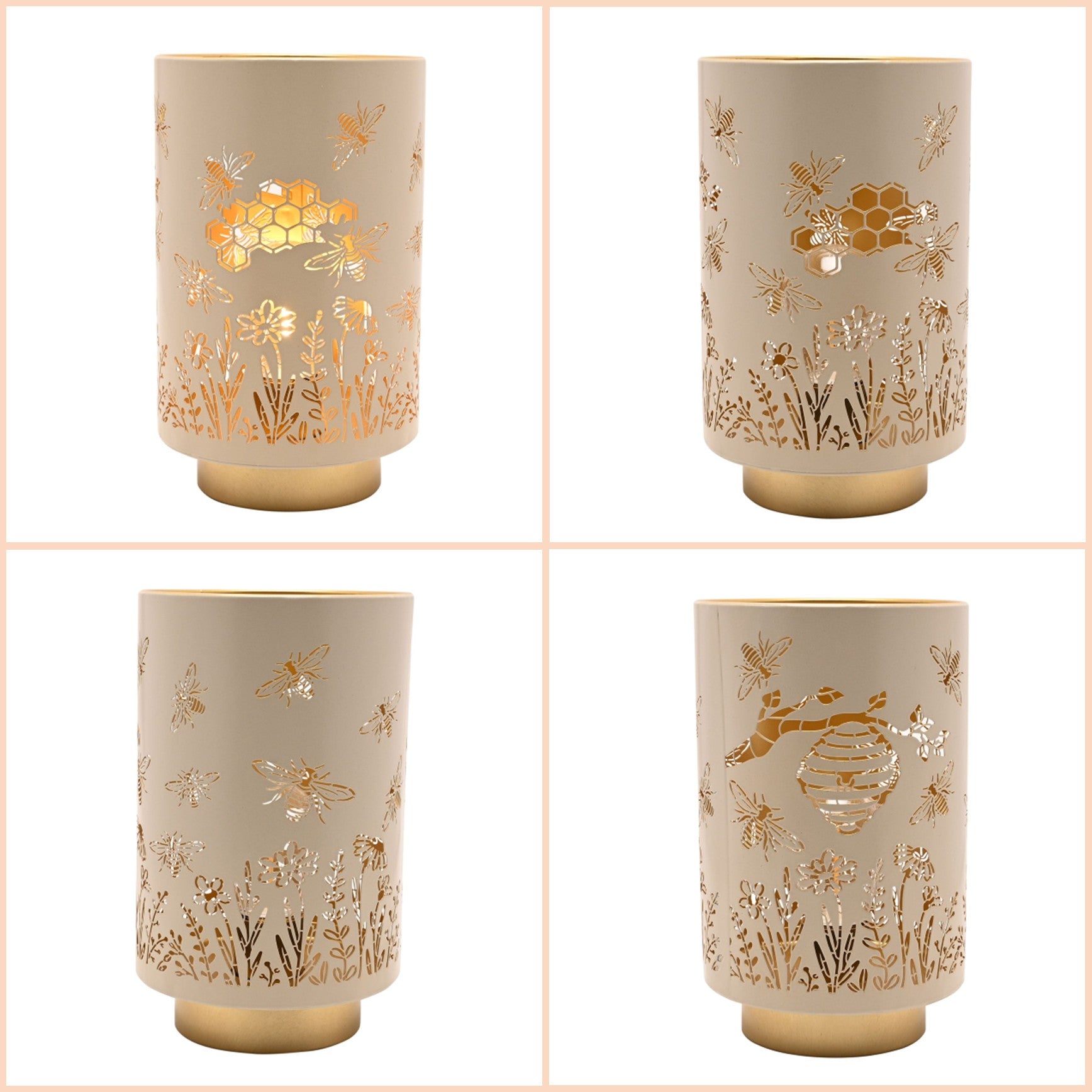 Hestia Metallic gold silhouetted honey bee table lamp collage.