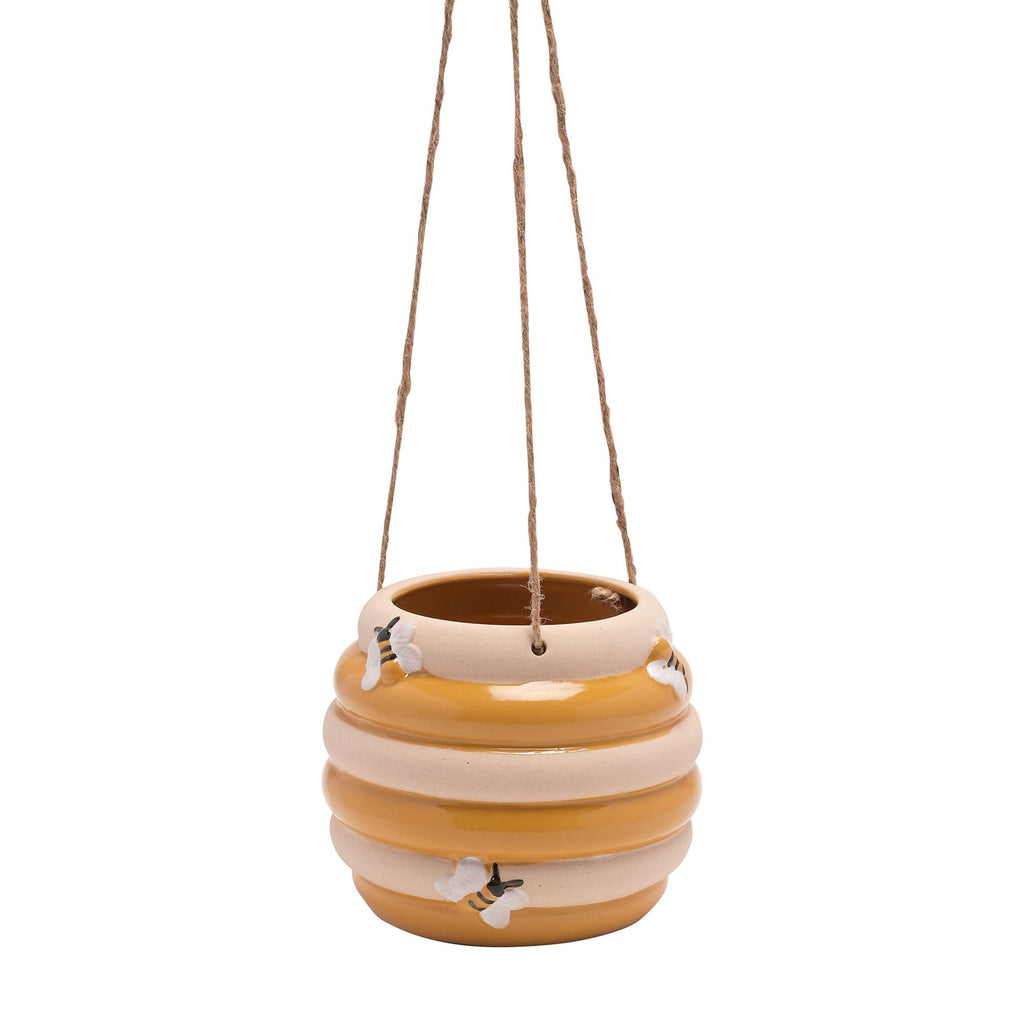 Hanging planter pot, bee hive shape with hand painted decorative bees.