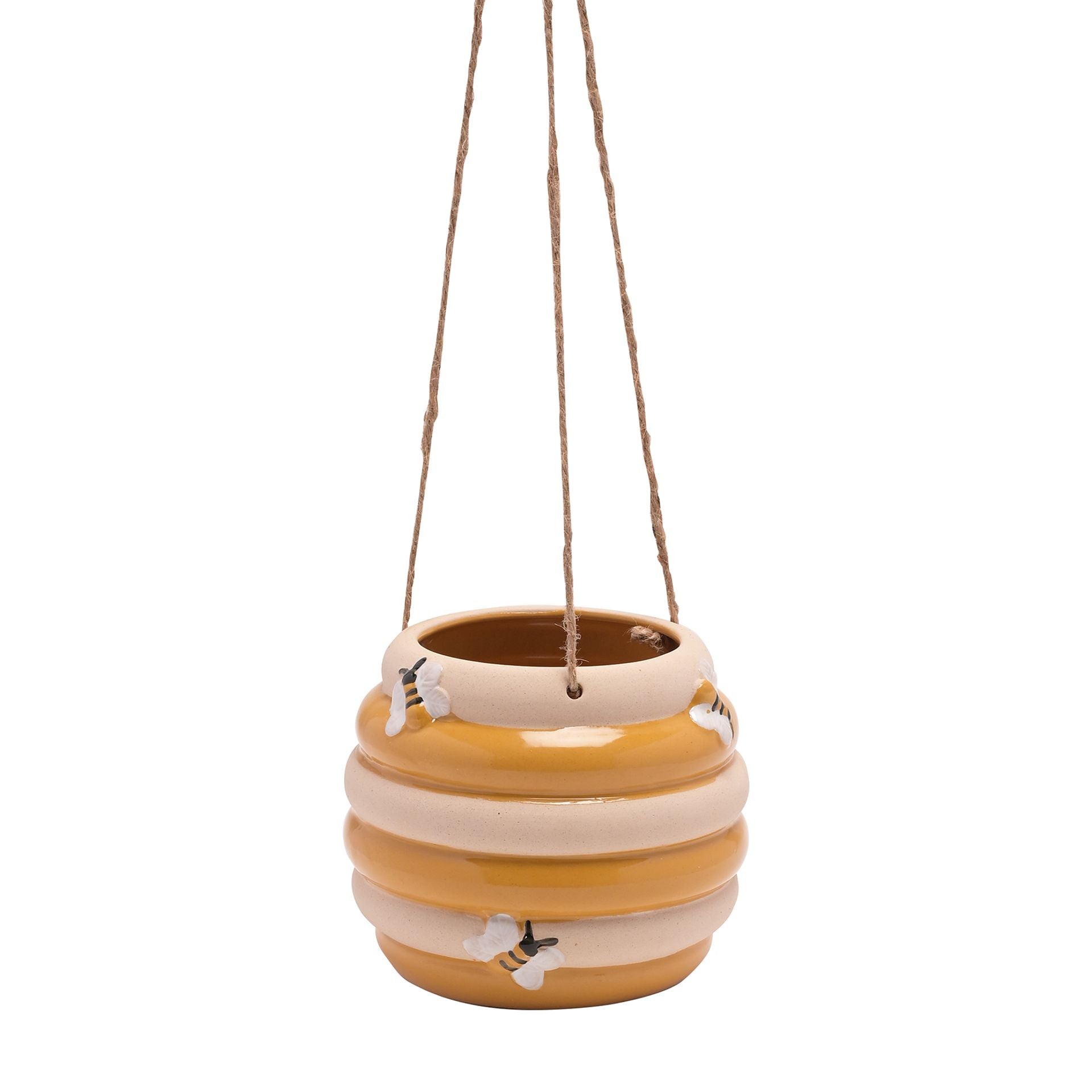 Hanging planter pot, bee hive shape with hand painted decorative bees.