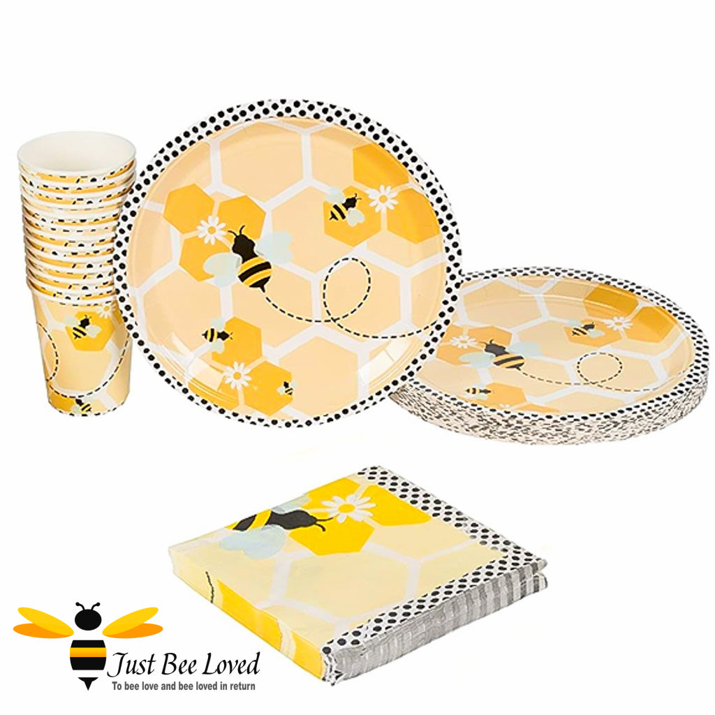 Bee themed disposable tableware set with plates, cups and napkins.