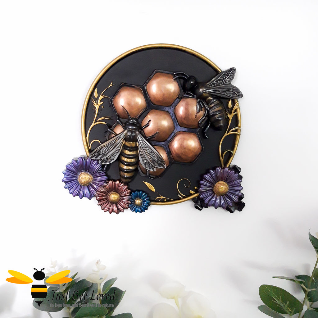 Handmade metallic honey bees and flowers 3D resin wall art