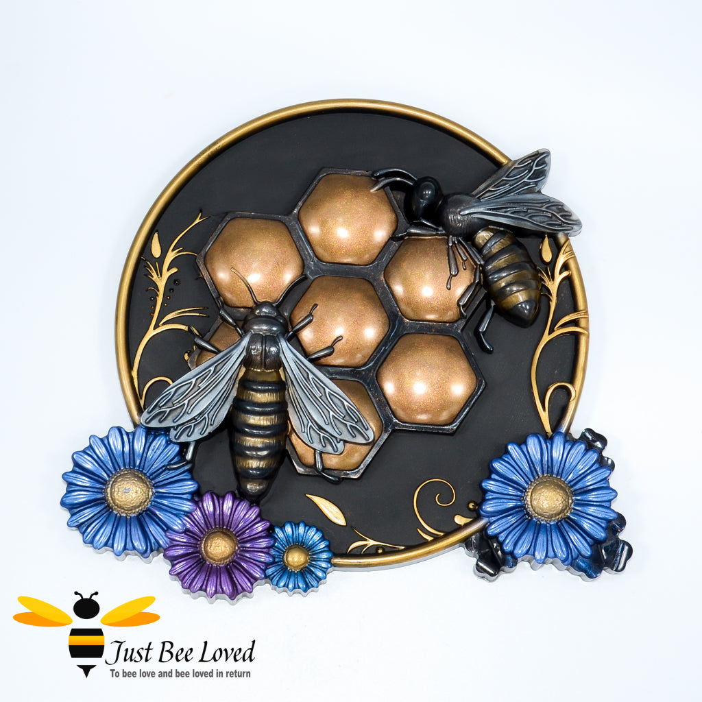 Handmade honey bees black gold wall art resin plaque