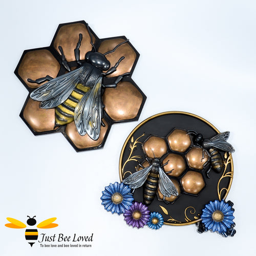 Pair of handmade resin black gold honeycomb honeybees wall art decor plaques