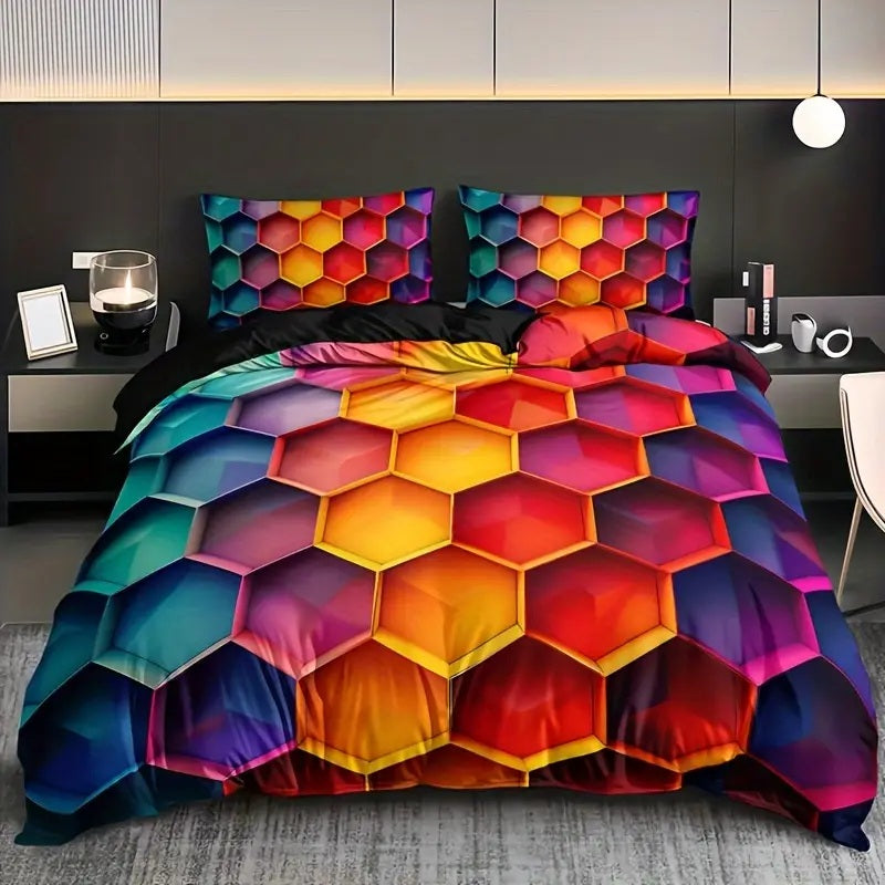 multi coloured honeycomb hexagonal duvet covet set