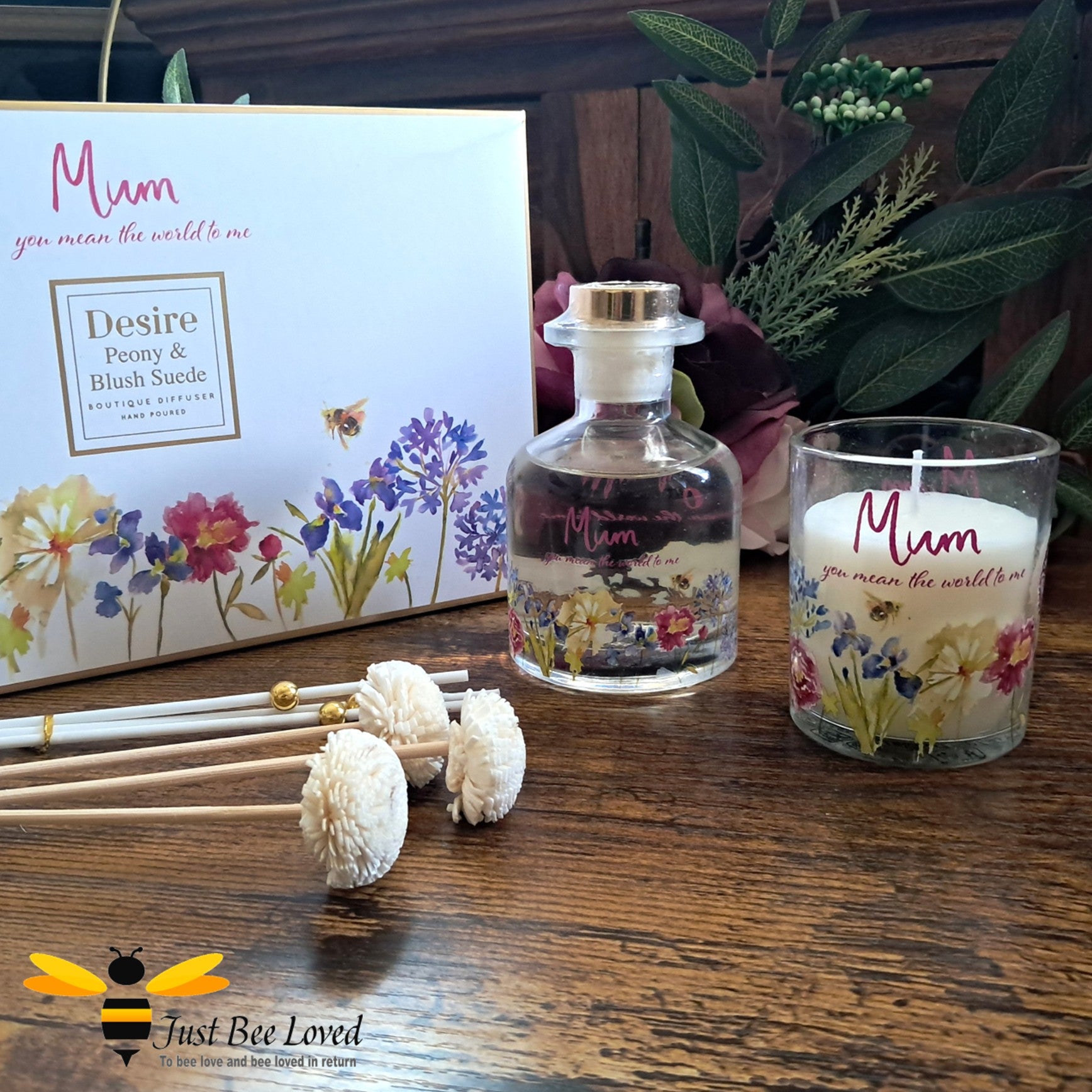 Bee themed candle and diffuser gift set with "mum you mean the world to me" message.