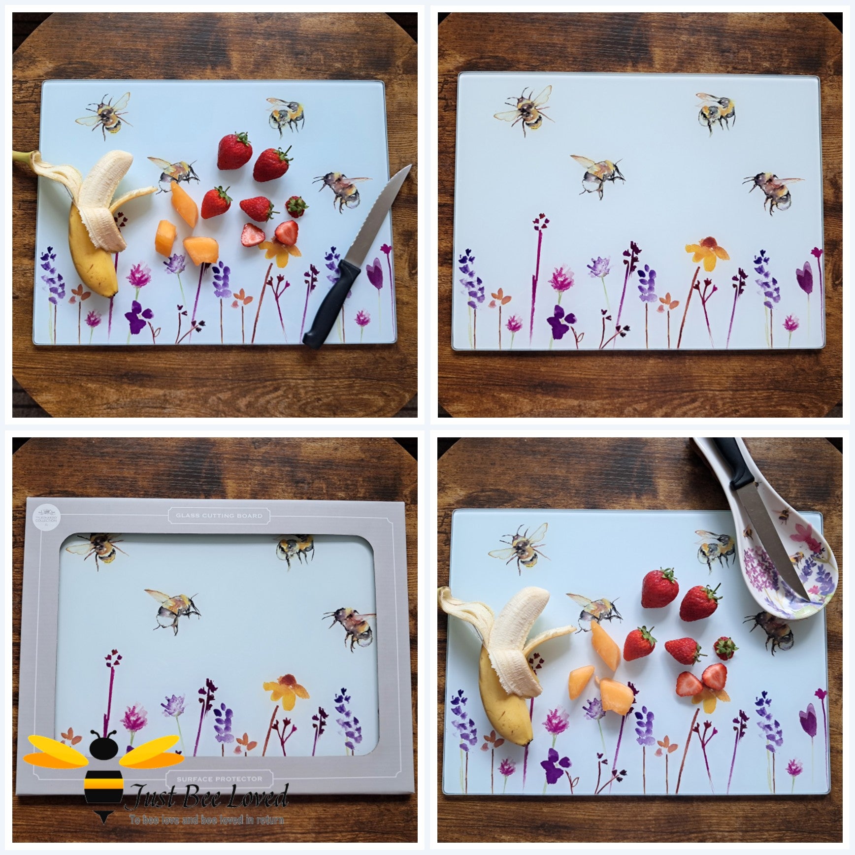 Images showing a bee-themed cutting board with fruits, vegetables.