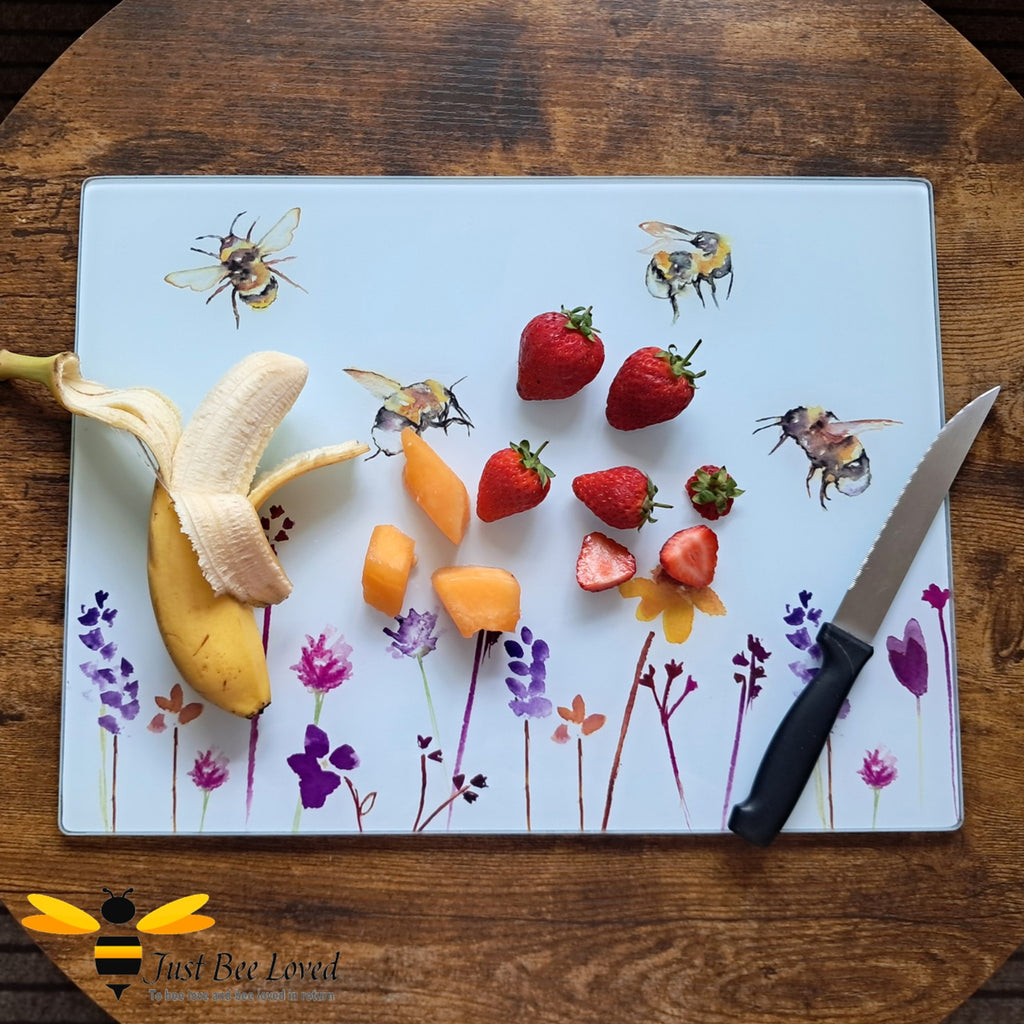 Jennifer Rose Busy Bees large glass worktop protector and cutting board