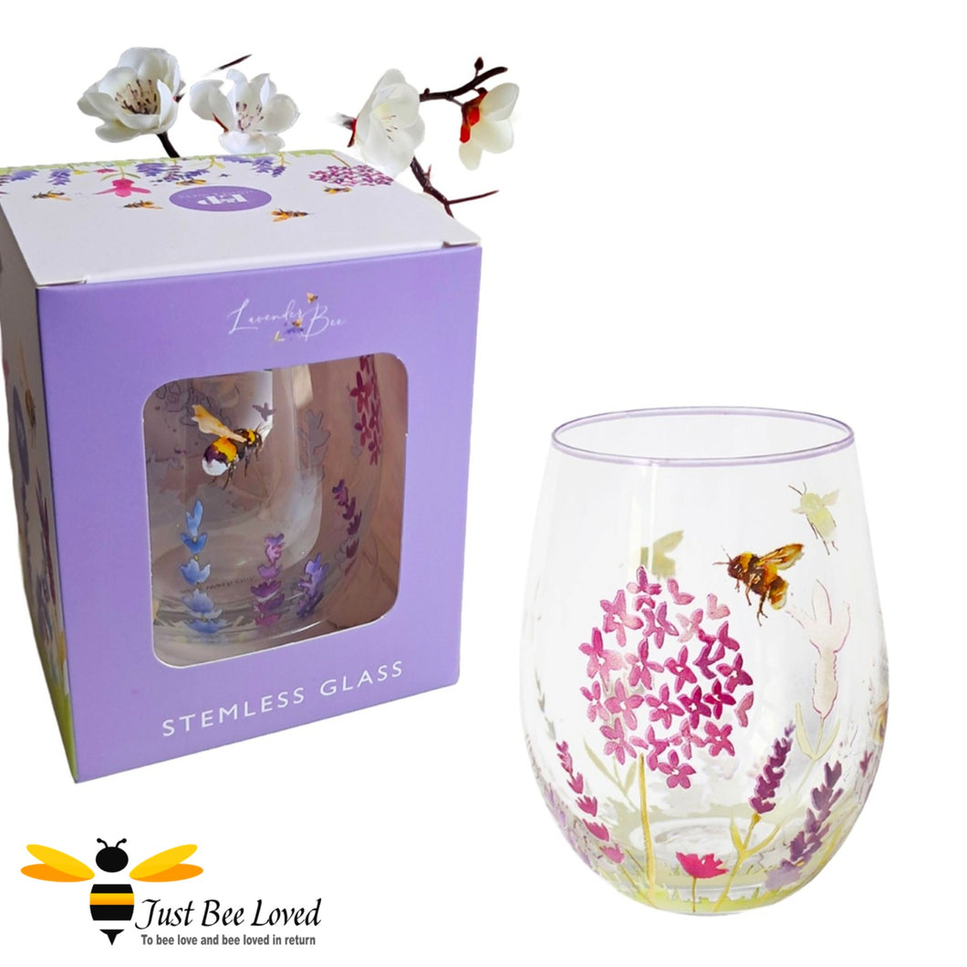 Jennifer Rose bees and lavender flowers stemless wine glass