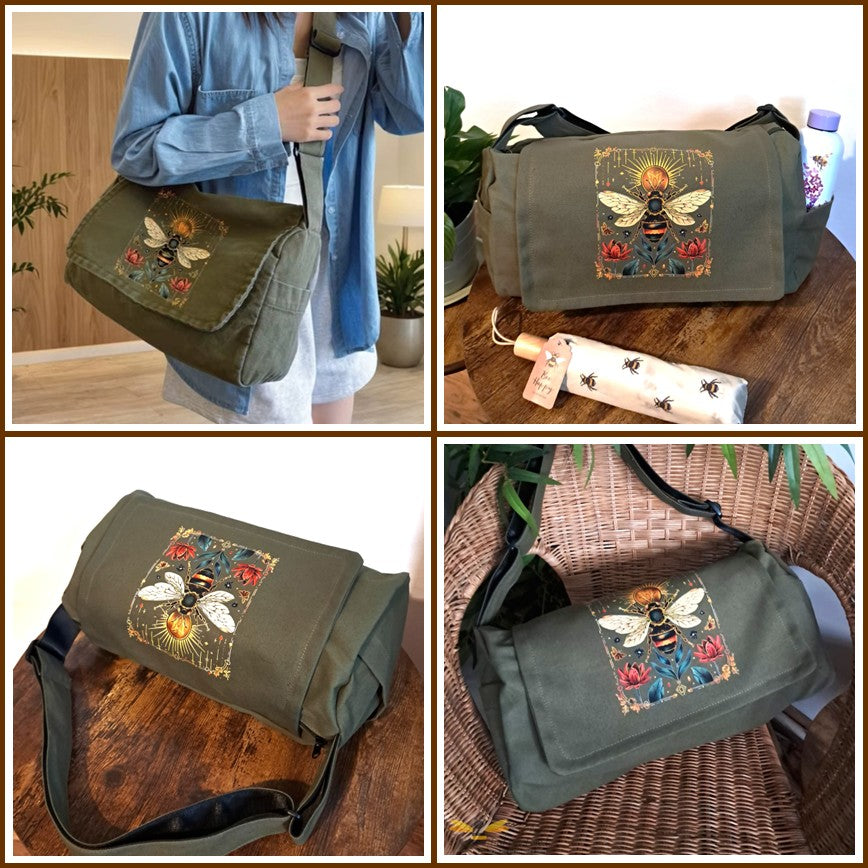 Collage of a khaki green canvas shoulder bee bag.