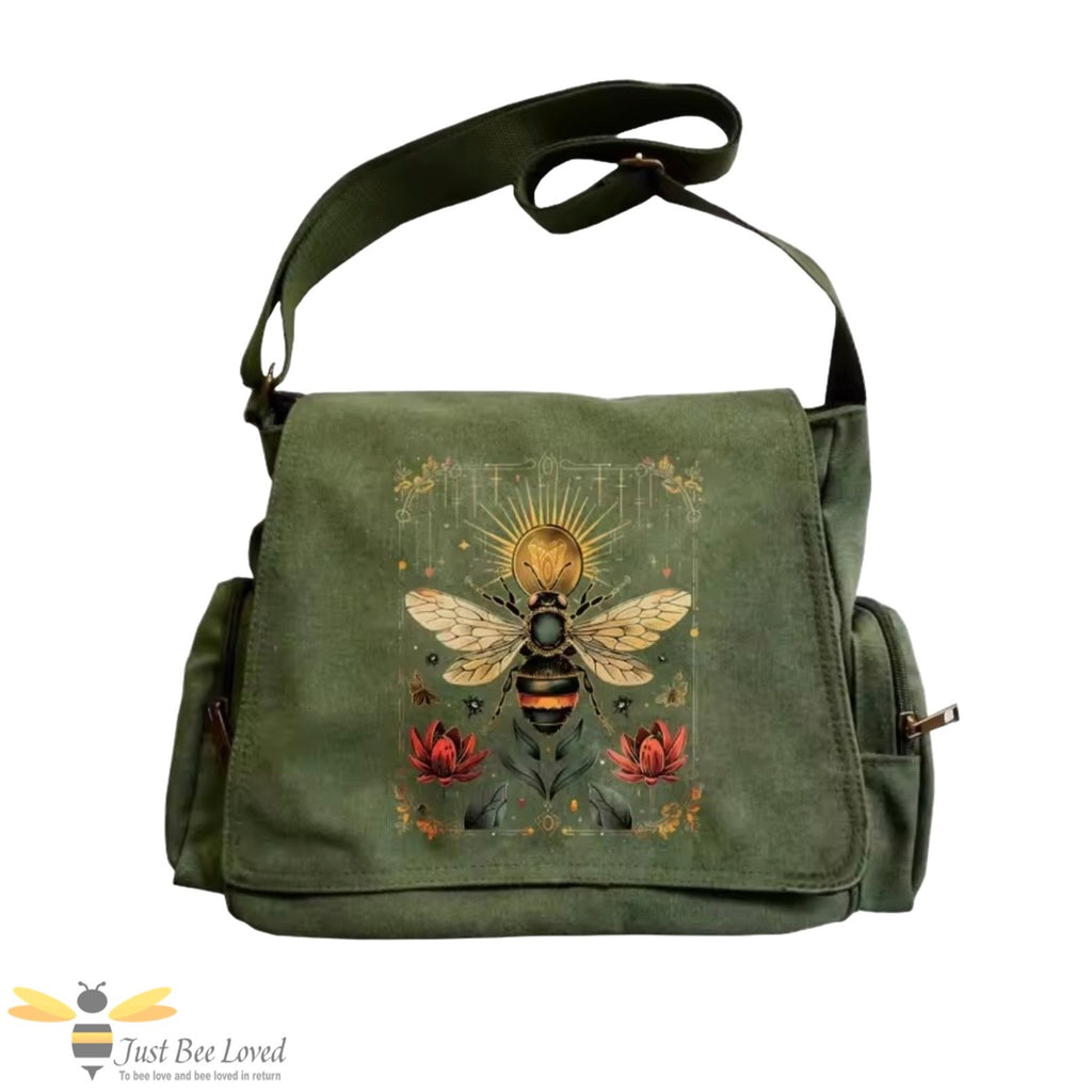 Green canvas shoulder weekend bag with bee and floral design.