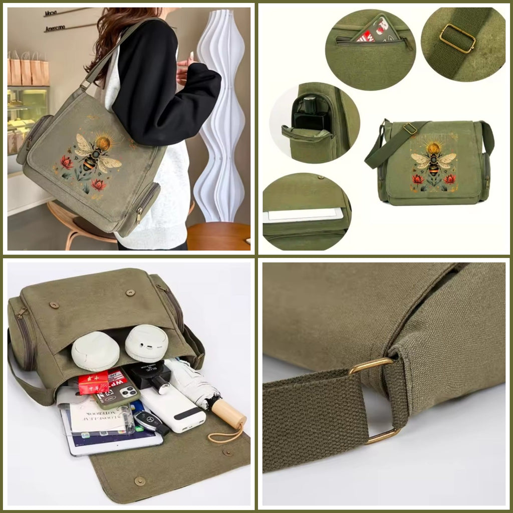 Collage of a khaki green canvas bag with bee print, showing different angles and contents.