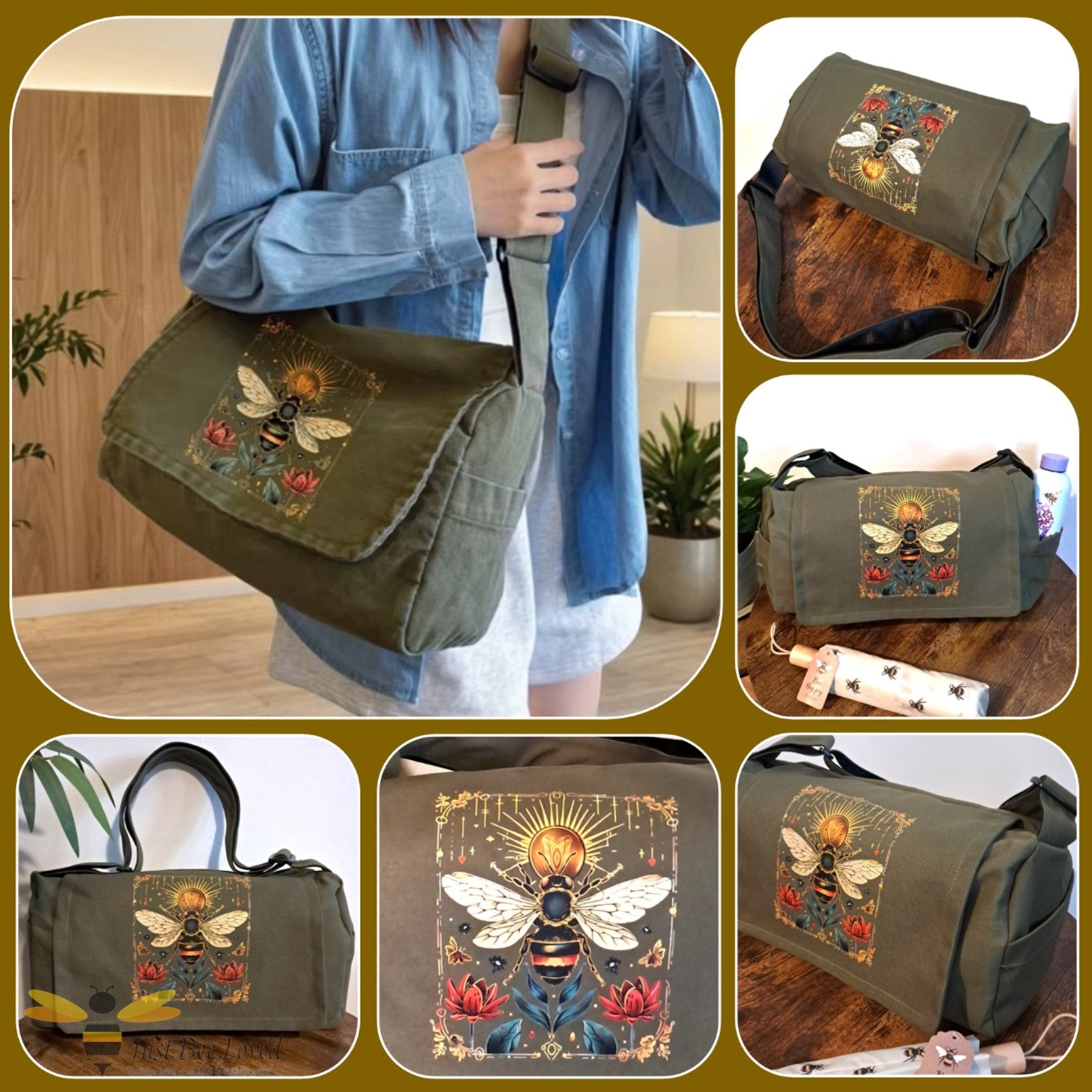 Gallery showcasing a large khaki green canvas bag with a frontal bee design print.