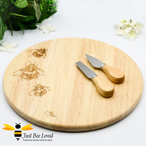 Meg Hawkins round serving cheese board with 2 piece knife set engraved bumble bees detailing