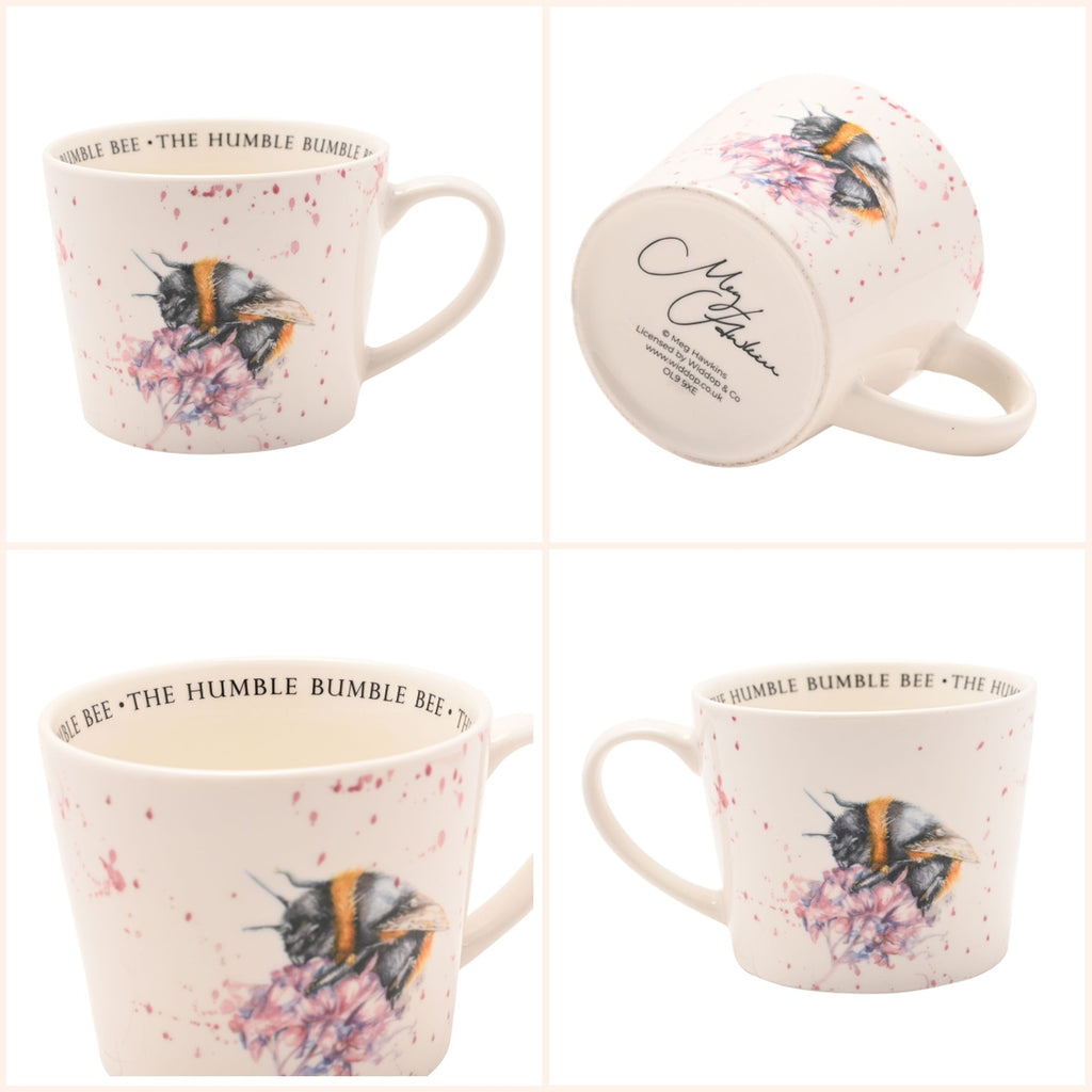 Gallery of a cream ceramic mug with a colourful bee illustration.